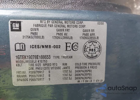 2008 GMC Sierra 1500 Sl/Sle1/Sle2/Slt/Work Truck z USA, uszkodzony, nr VIN 1GTEK19078E188653
